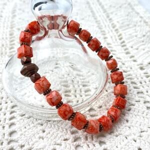 Brass Resin Cubed Beaded Rust Red Stretch Bracelet
